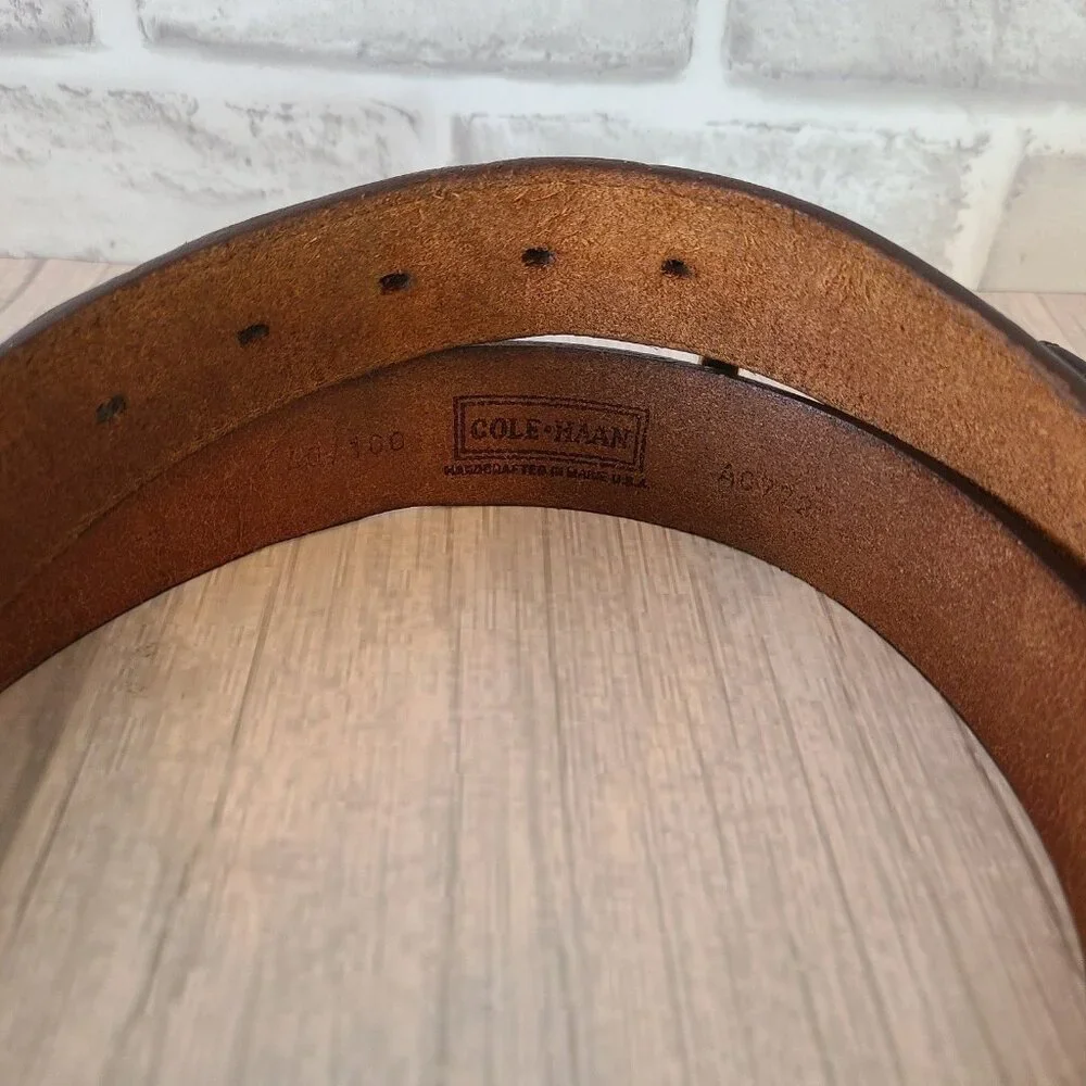Vintage Cole Haan Brown Leather Belt Made in USA Brass Buckle Stitch Detailed